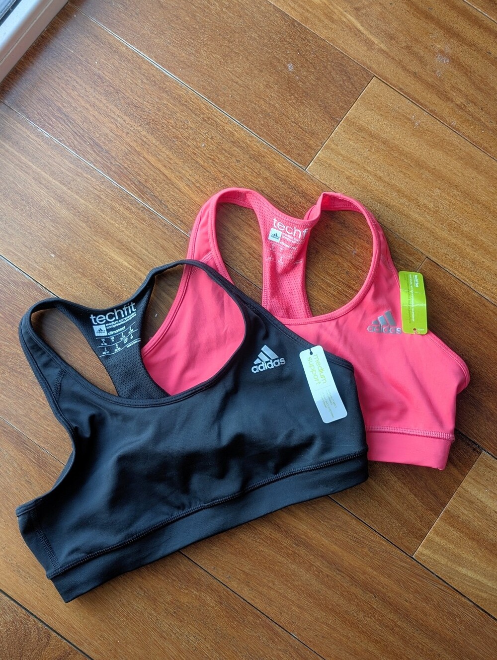 Set of x2 NWT Adidas Techfit Compression Black Pink Workout Sports Bras SMALL